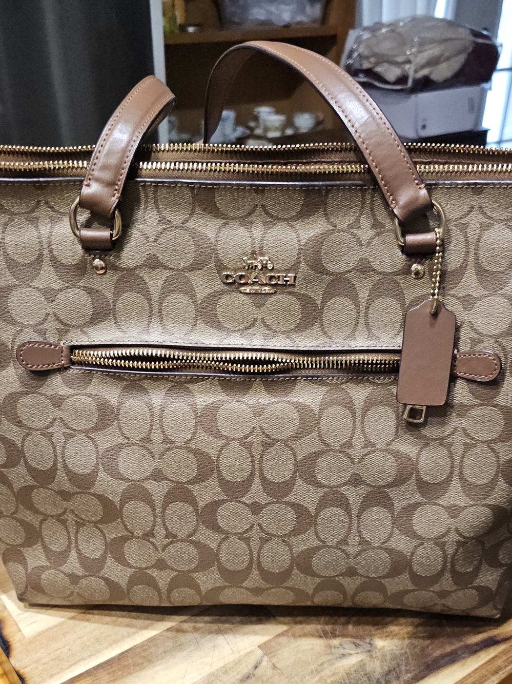 Coach Brown Signature Canvas Tote with Leather Trim